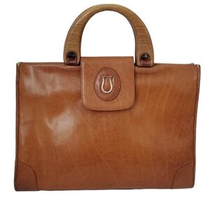 Vintage Caggiano Brown Leather Wooden Handles Purse Satchel Handbag